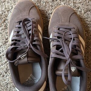 adidas Women’s Brown Suede Sneakers with White Stripes